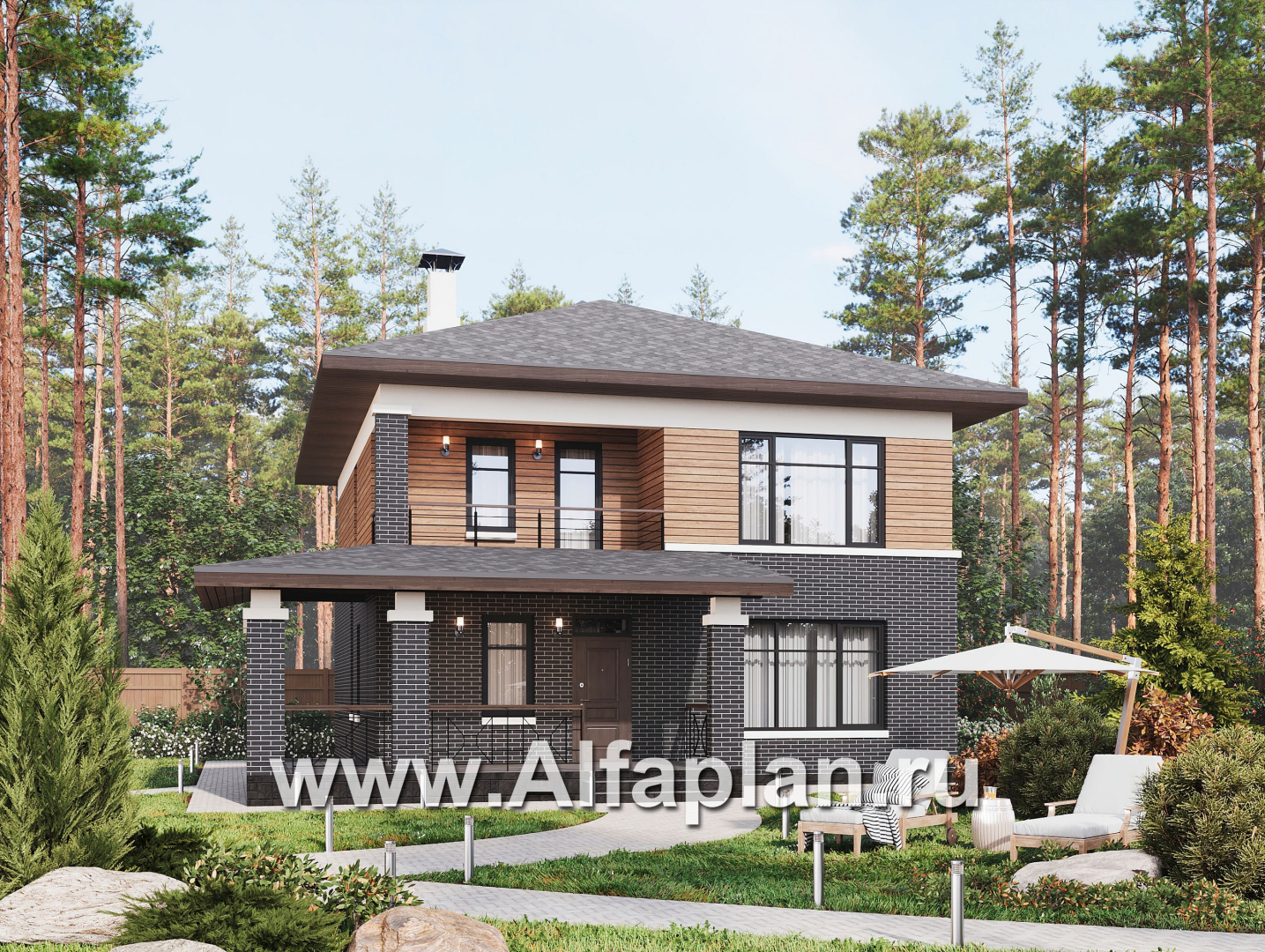 Проекты домов Альфаплан - "Отрадное" - дизайн дома в стиле Райта, с террасой на главном фасаде - основное изображение